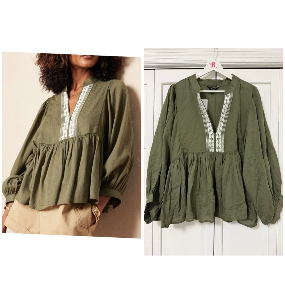 Banana Republic Vegan Olive Green Embroidered Boho Flutter Blouse XL Cottagecore